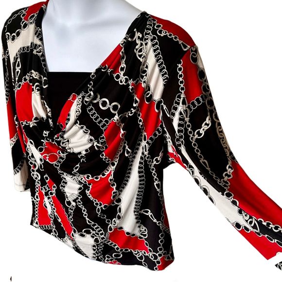 3 for $15 Briggs New York Red & Black Chainlink Cowl Neck 2-Layer Blouse  XL - Picture 3 of 6